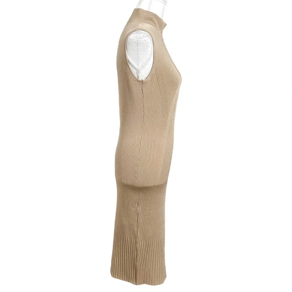 Marciano CAMEL TAN RIBBED STRETCH MOCK NECK SLEEVELESS BODYCON DRESS - Picture 2 of 9